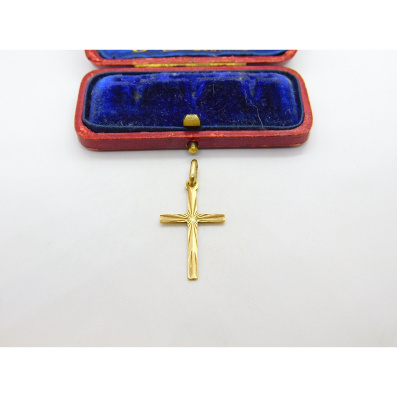9ct Yellow Gold Rising Sun Pattern Cross Pendant Vintage c1970