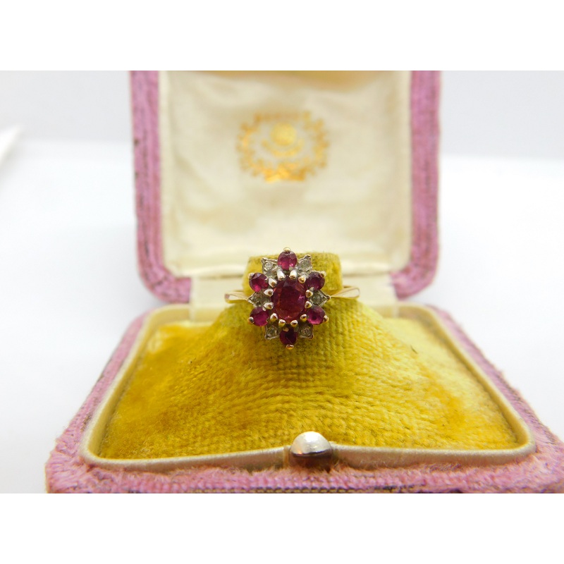 9ct Yellow Gold, Ruby & Diamond Floral Cluster Ring Vintage 1977 London
