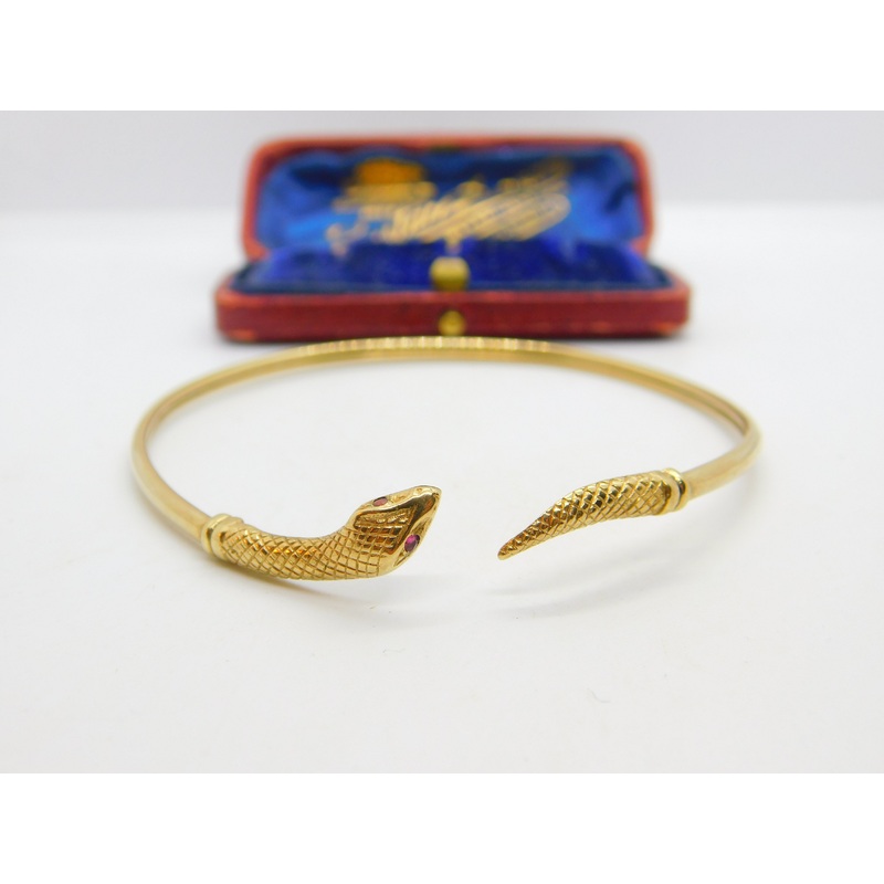 9ct Yellow Gold Ruby Eye Serpent Snake Bangle Bracelet Antique c1920 Art Deco