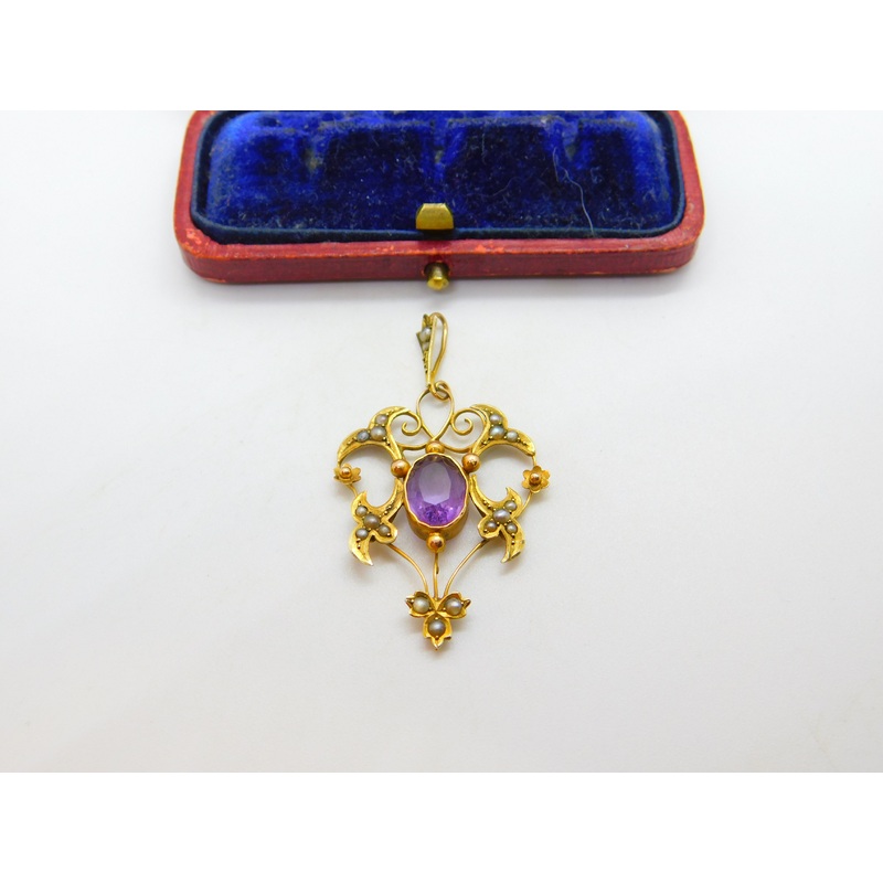 Amethyst, Seed Pearl 9ct Yellow Gold Dangling Pendant Lavalier Antique Victorian