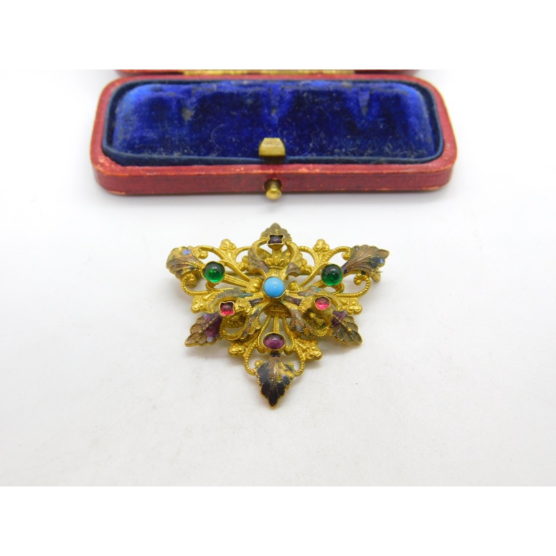 Austro-Hungarian Pinchbeck & Cabochon Set Floral Leaf Brooch c1860 Antique