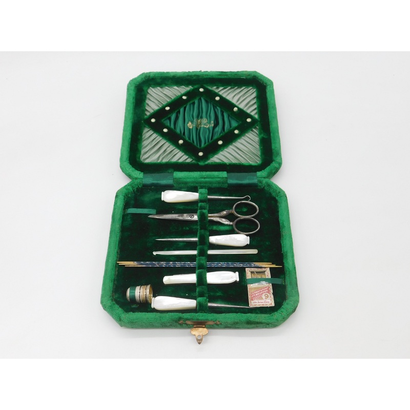 Boxed Victorian Mother of Pearl & Steel Complete Sewing Set c1880 Antique
