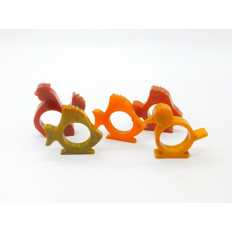 Collection of Mid-Century Early Plastic Fish, Bird & Chicken Napkin Rings c1950s