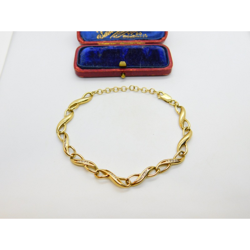 Diamond Set 9ct Yellow Gold Lover's Knot Chain Bracelet Vintage c1980