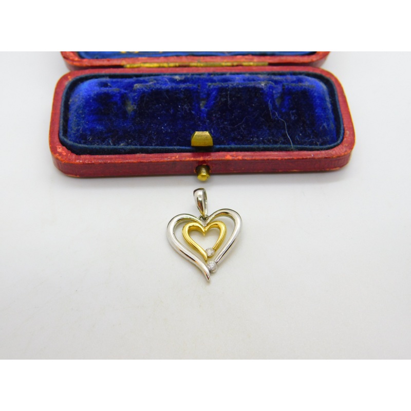 Double Heart Diamond Set Two Colour 18ct Gold Pendant Vintage c1980