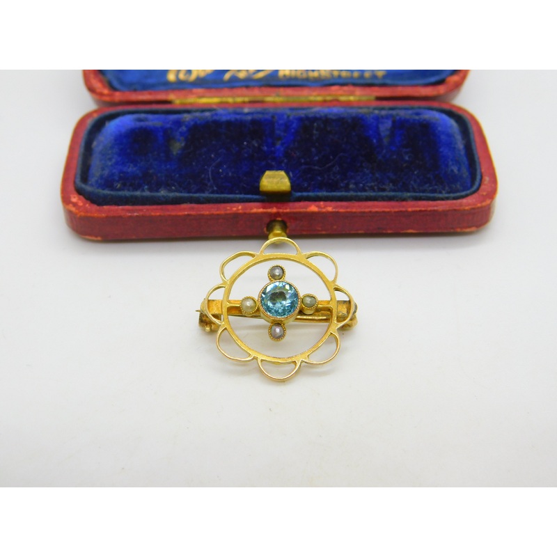 Edwardian 15ct Gold, Topaz & Seed Pearl Floral Sweetheart Brooch c1910 Antique