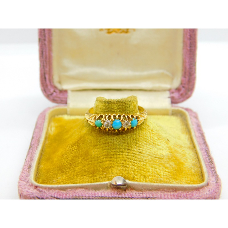 Edwardian 18ct Gold, Turquoise & 0.2ct Diamond Boat Ring 1902 London Antique