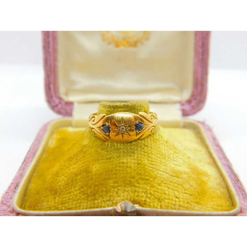 Edwardian 18ct Yellow Gold, Sapphire & Diamond Boat Ring 1904 Chester Antique