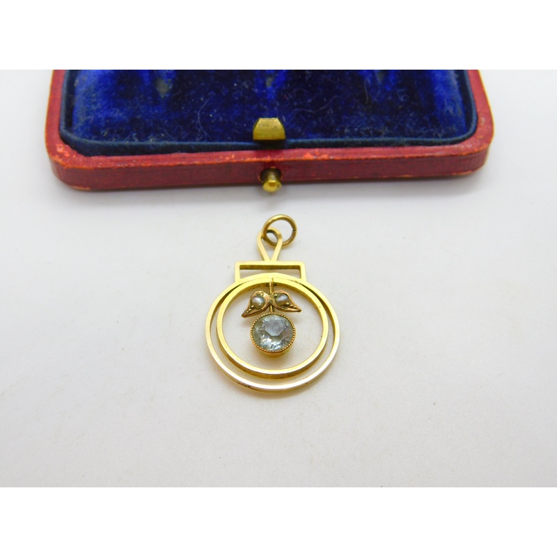 Edwardian 9ct Yellow Gold, Blue Topaz & Seed Pearl Lavalier Drop Pendant c1910