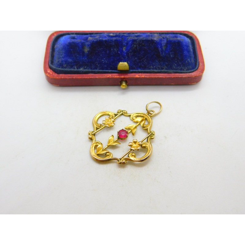 Edwardian 9ct Yellow Gold & Pink Topaz Set Lavalier Drop Pendant c1910 Antique
