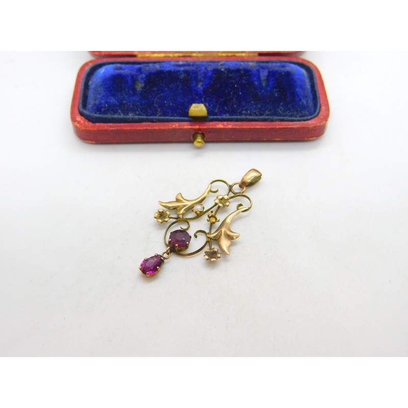 Edwardian 9ct Yellow Gold, Seed Pearl & Amethyst Lavalier Drop Pendant c1910