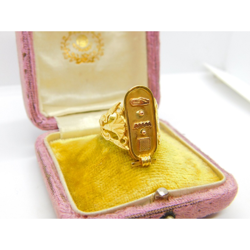 Egyptian 21ct Yellow Gold Hieroglyphics Signet Ring Antique c1920 Art Deco