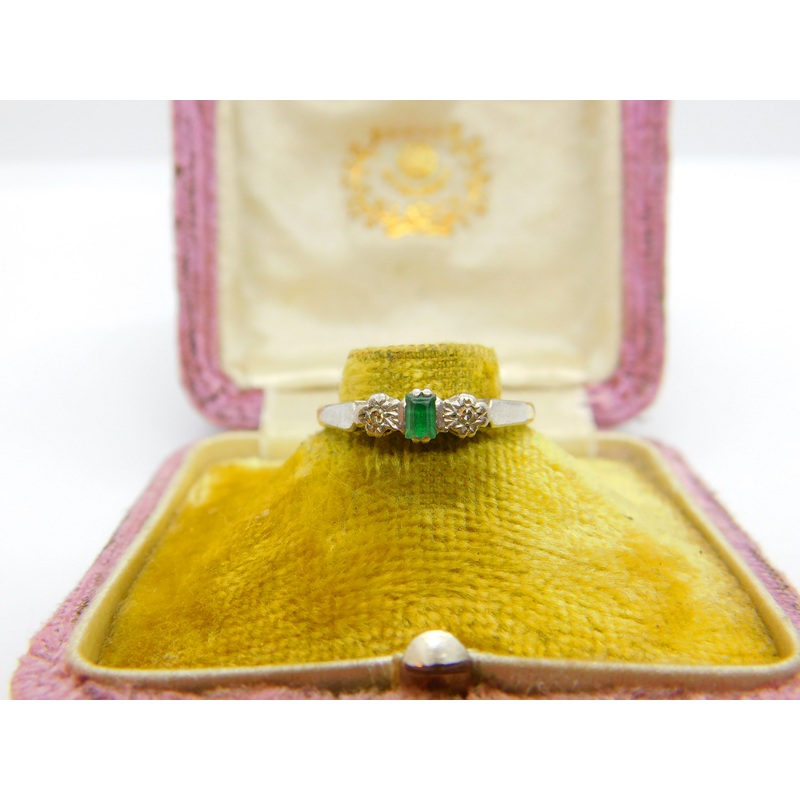 Emerald and Diamond 18ct Yellow Gold and Platinum Ring Antique Art Deco