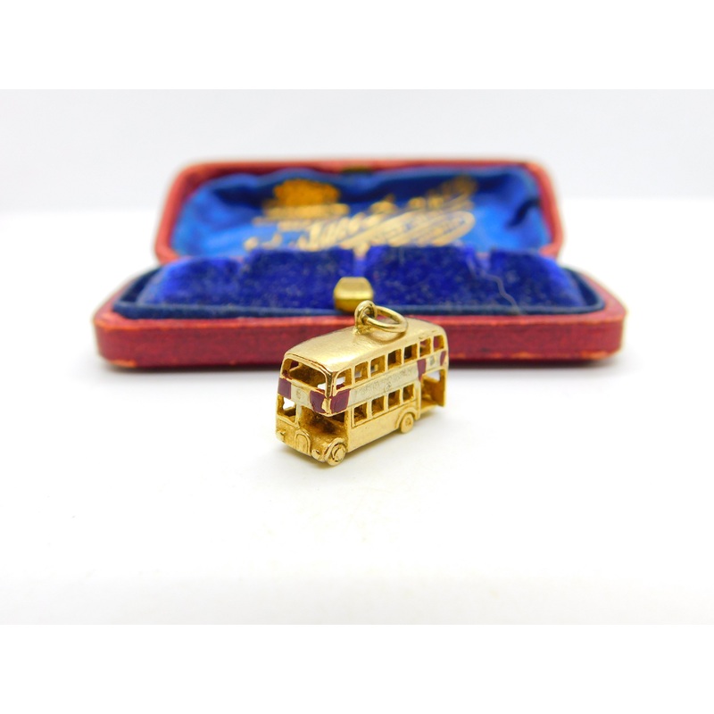 Enamel 9ct Yellow Gold London Double Decker Bus Charm or Pendant Vintage 1967