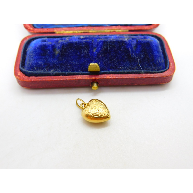 Engraved Puffy Heart 9ct Yellow Gold Charm or Pendant Vintage c1970