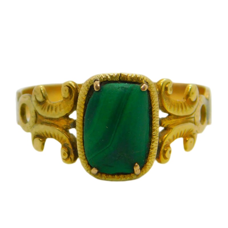 George III 15ct Gold & Green Malachite Panel Set Dress Ring Antique c1790