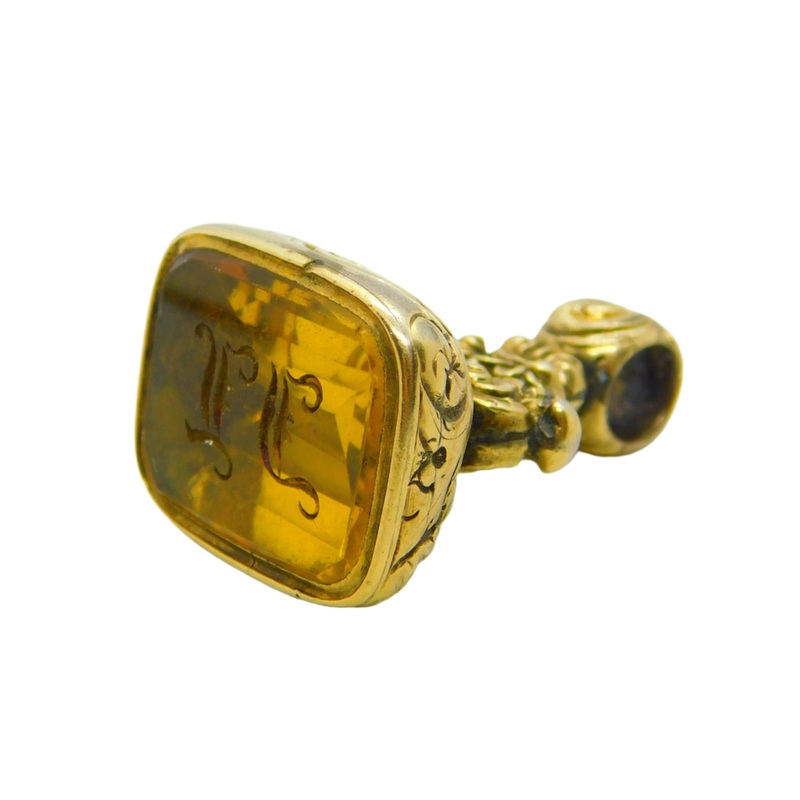 George III 9ct Yellow Gold & Citrine 'IL' Monogram Fob Seal Antique c1820