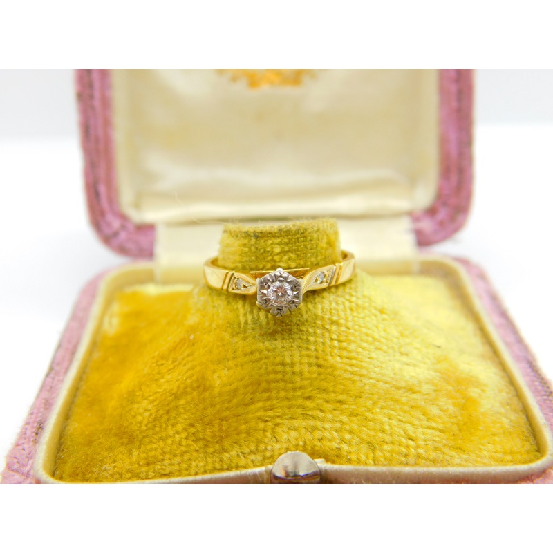 Solitaire 0.1ct Diamond 18ct Yellow Gold Ring Antique Art Deco c1920