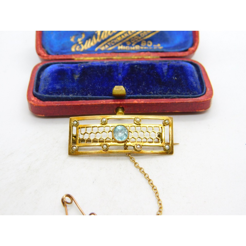 Victorian 10ct Yellow Gold, Seed Pearl & Topaz Sweetheart Brooch c1880