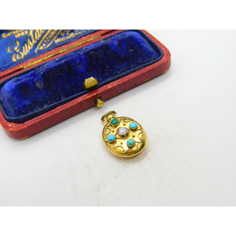 Victorian 15ct Gold, 0.1ct Diamond & Turquoise Single Locket Pendant c1880