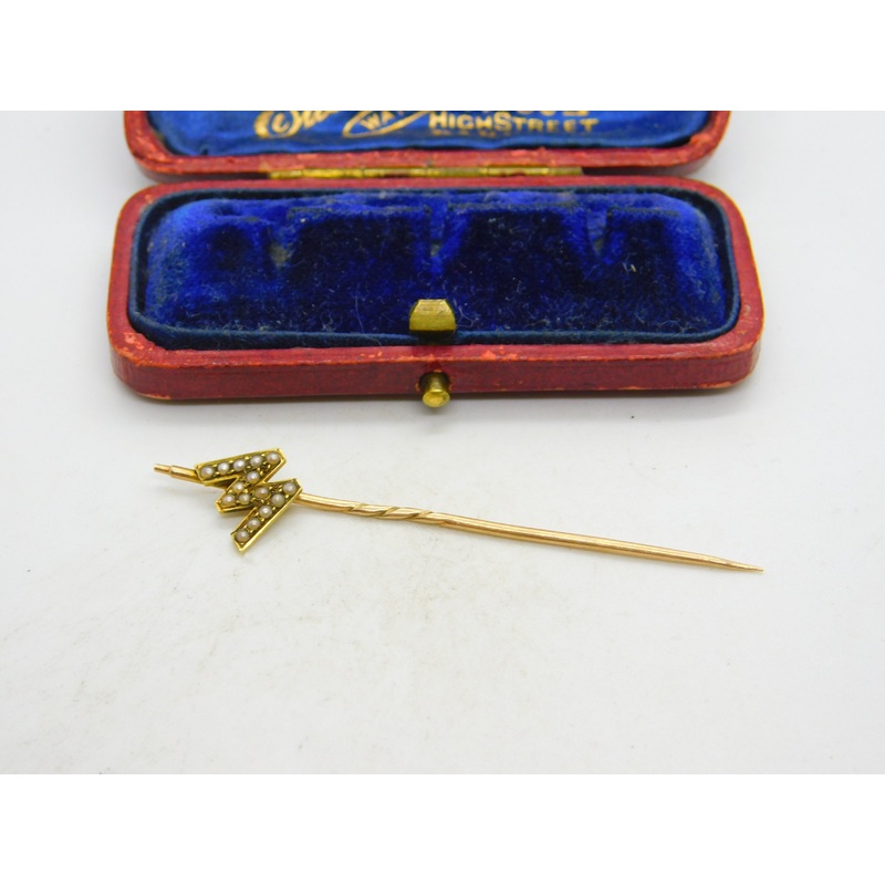 Victorian 15ct Yellow Gold Seed Pearl Set 'W' Initial Stick Pin Antique c1890