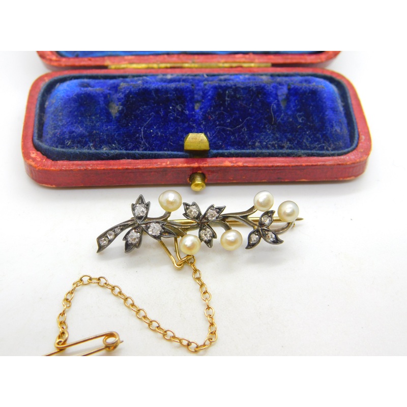 Victorian 18ct Yellow Gold, 0.5ct Diamond & Pearl Floral Brooch c1860 Antique
