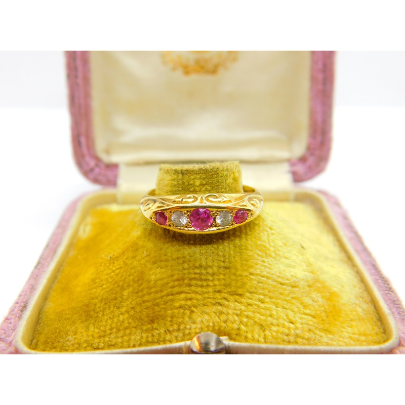Victorian 18ct Yellow Gold, Ruby & White Spinel Boat Ring 1872 Antique