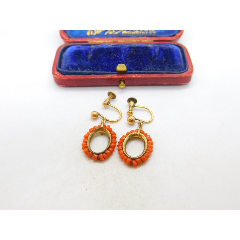 Victorian 9ct Gold & Beaded Red Coral Screw Back Drop Earrings c1880 Antique
