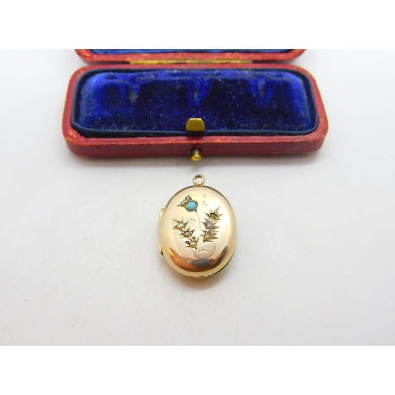 Victorian 9ct Rose Gold Back & Front, Seed Pearl & Turquoise Locket c1860