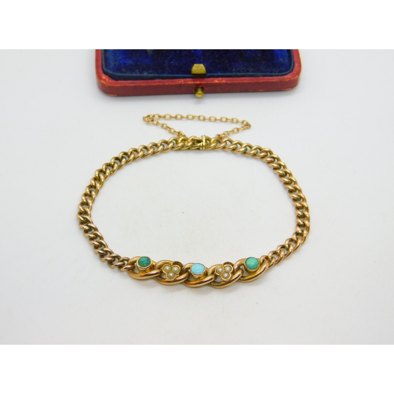 Victorian 9ct Rose Gold Graduating Turquoise & Seed Pearl Bracelet c1880 Antique