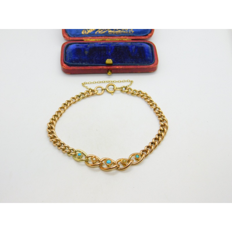 Victorian 9ct Rose Gold, Turquoise & Seed Pearl Graduating Bracelet c1880