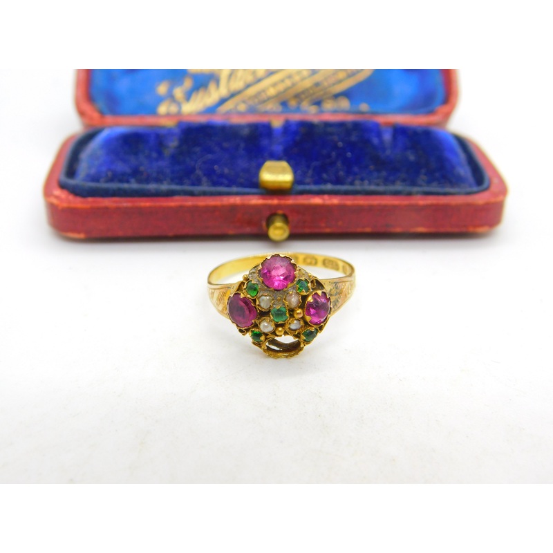 Victorian 9ct Yellow Gold, Amethyst, Seed Pearl & Paste Sweetheart Ring 1871 Birmingham