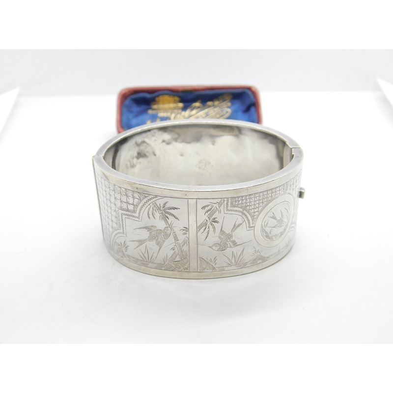 Victorian Aesthetic Movement Swallow & Floral Pattern Cuff Bangle c1890 Antique