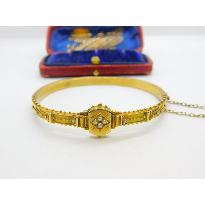Victorian Etruscan Style 15ct Yellow Gold Seed Pearl Bangle Bracelet c1860