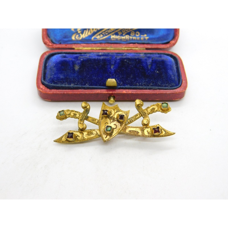 Victorian Pinchbeck, Turquoise & Garnet Set Cross Sword Brooch c1880