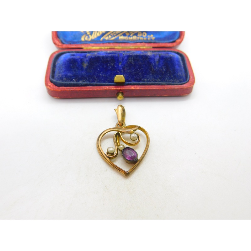 Victorian Rolled Gold, Amethyst & Seed Pearl Sweetheart Drop Pendant c1880