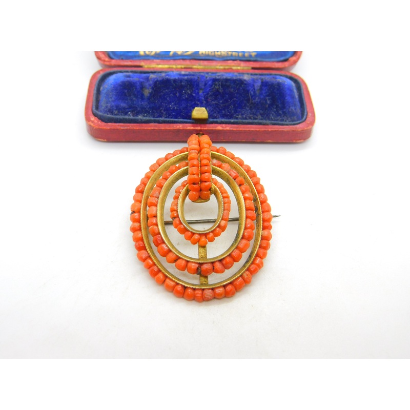 Victorian Yellow Metal & Red Coral Beaded Dress Brooch Pin c1850 Antique