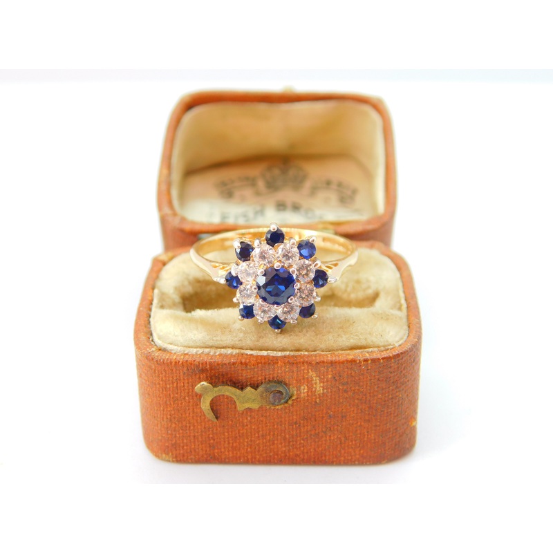 14ct Yellow Gold, Spinel & CZ Floral Cluster Ring Vintage c1990 Birmingham