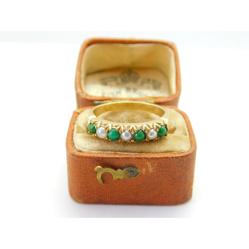 14ct Yellow Gold, Turquoise & Pearl Set Half Eternity Ring Antique c1930 Deco