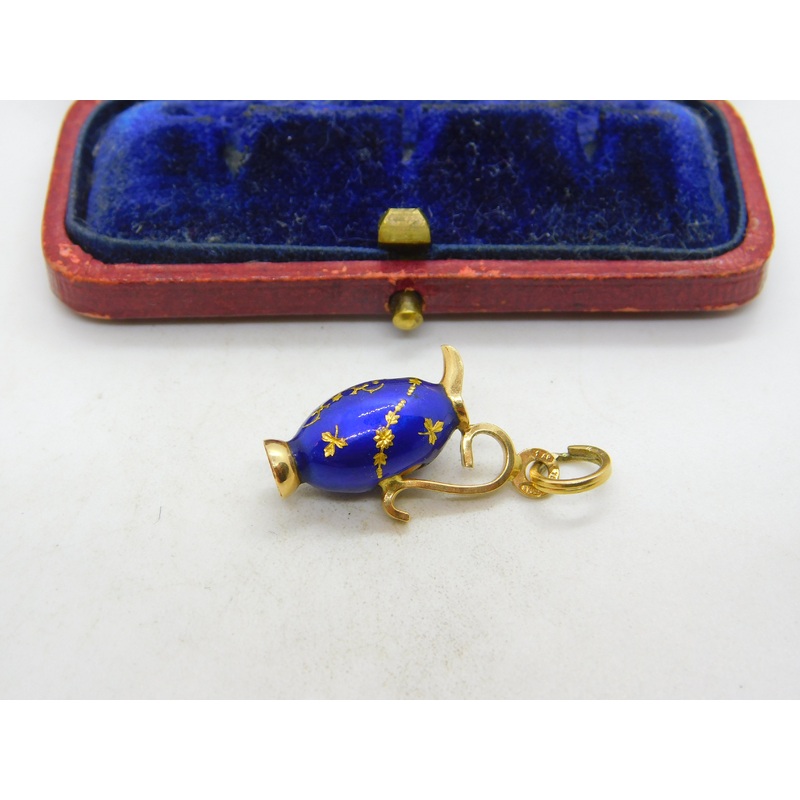 18ct Yellow Gold & Blue Enamel Wine Jug Charm Pendant Vintage c1980