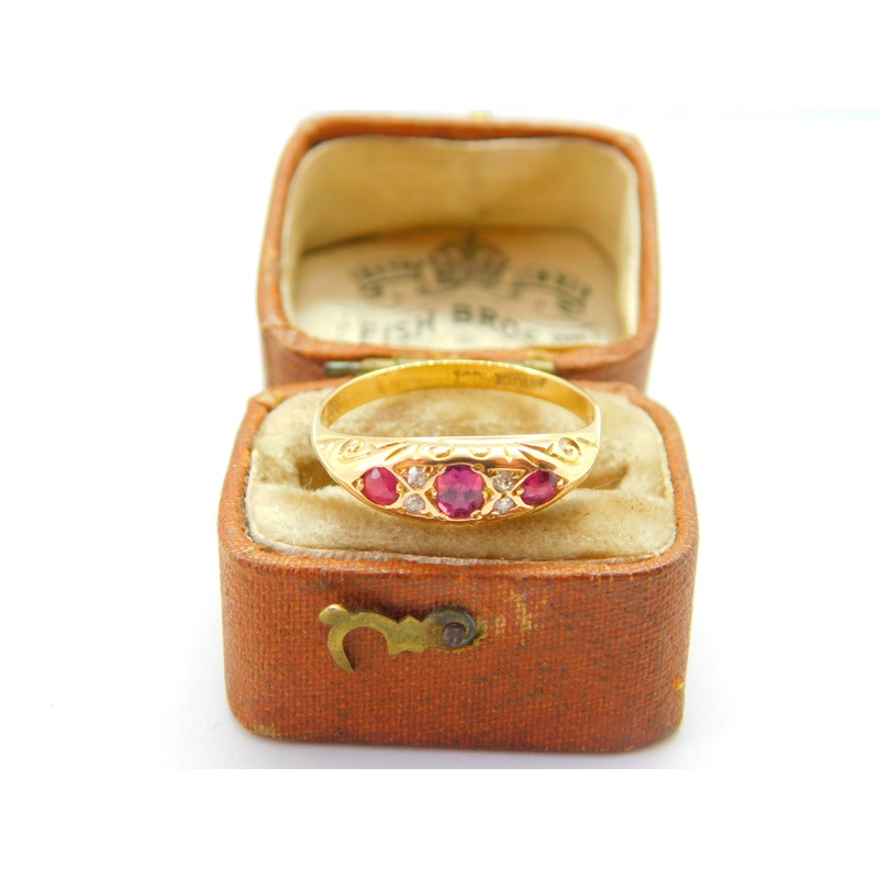 18ct Yellow Gold, Ruby & Diamond Victorian Style Boat Ring c1920 Antique