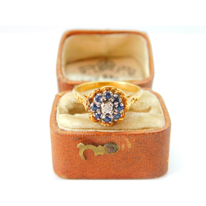 18ct Yellow Gold, Sapphire & Diamond Floral Dress Ring Antique c1920 Art Deco