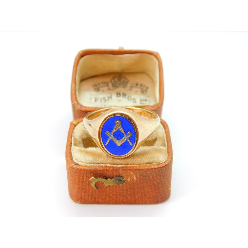 9ct Gold, Blue Enamel Masonic Spinning Secret Symbol Ring 1972 Birmingham