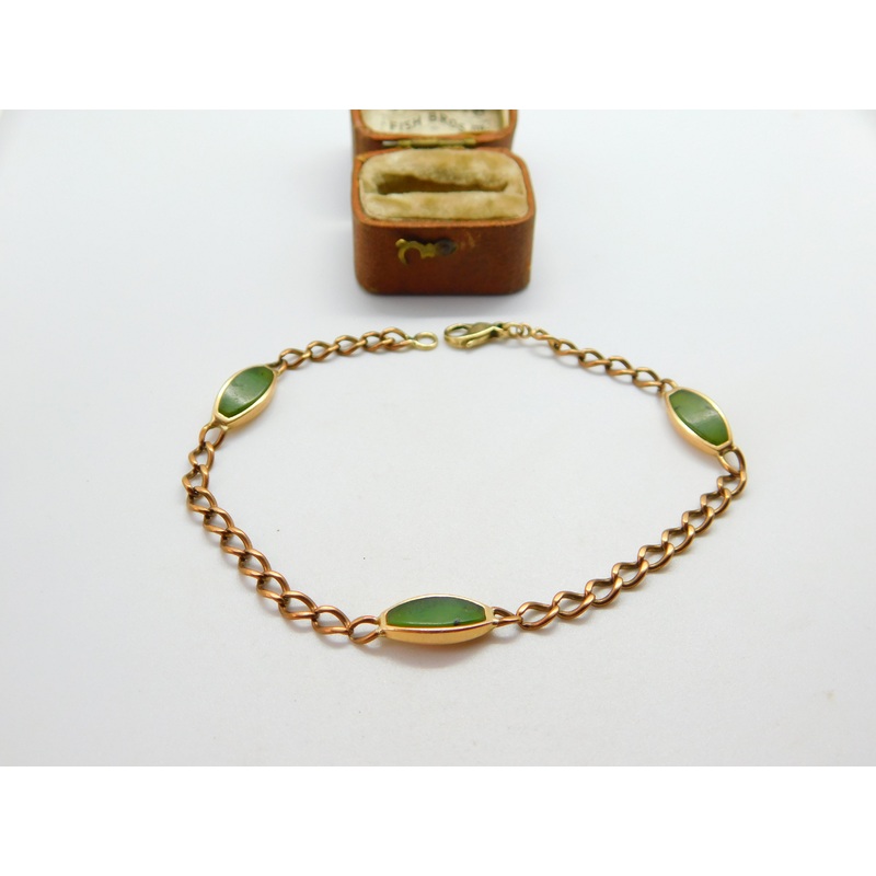 9ct Gold Curb Link Bracelet with Green Jade Panelling Vintage c1980 8.2"