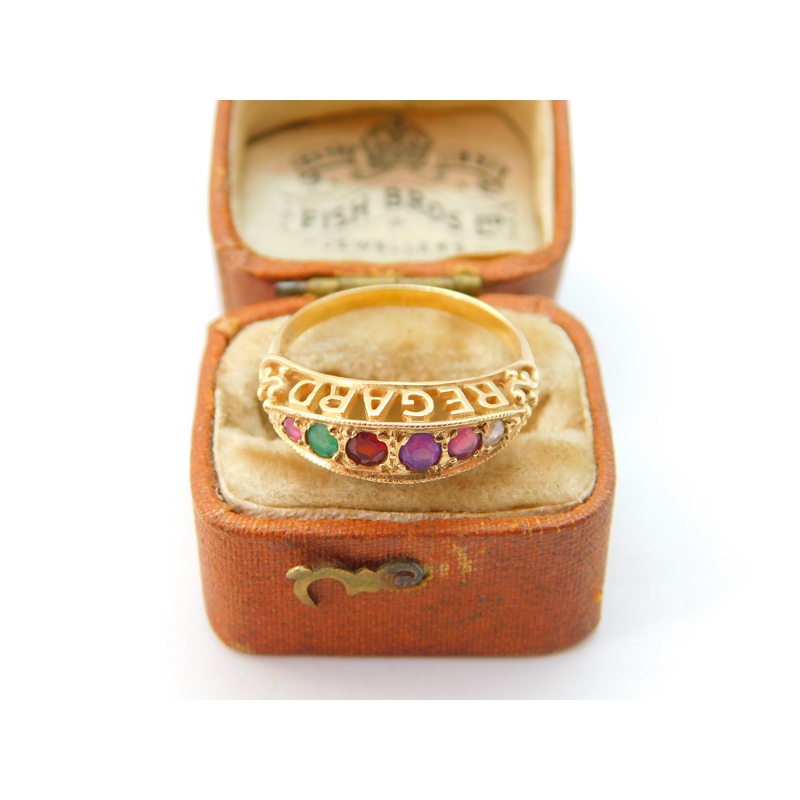 9ct Yellow Gold Acrostic Ring Stones Spelling 'REGARD' Antique c1920 Art Deco
