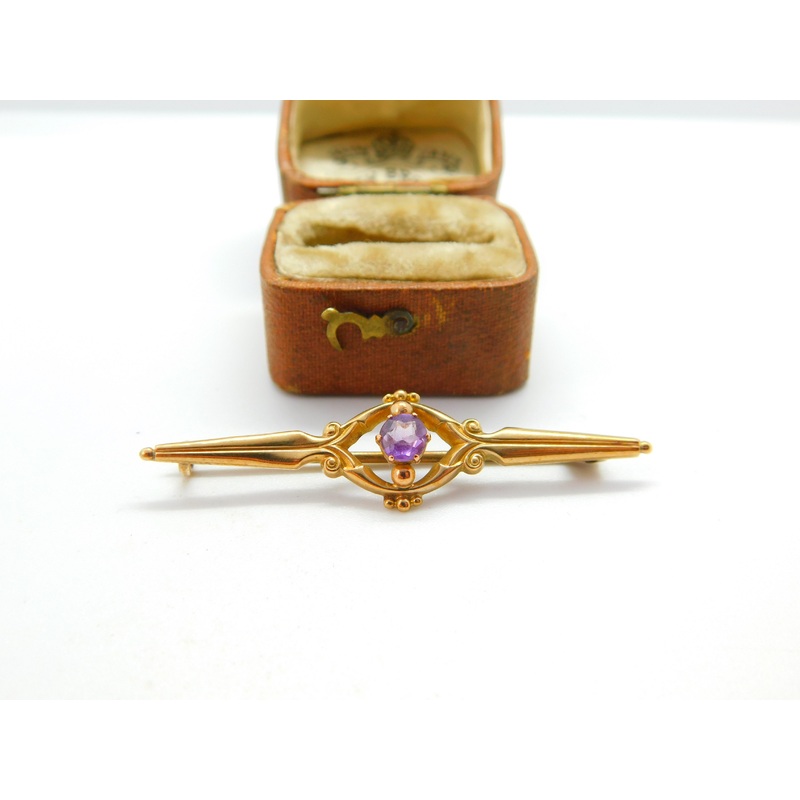 9ct Yellow Gold and Amethyst Set Bar Brooch 1933 Birmingham Vintage