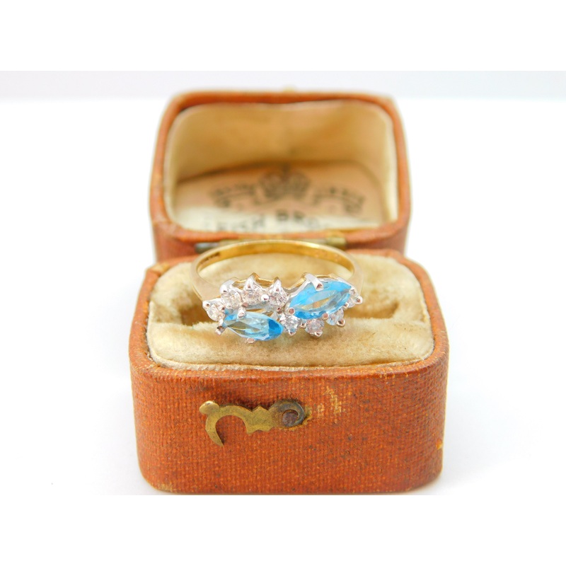 9ct Yellow Gold, Blue Topaz & Spinel Set Floral Band Ring Vintage 1988 Birmingham