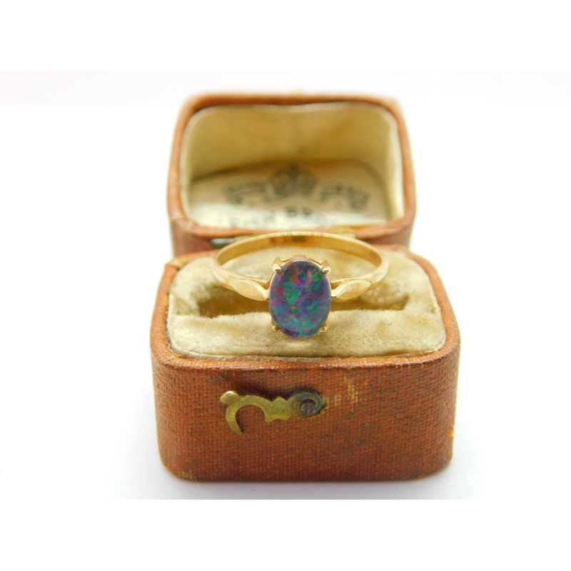 9ct Yellow Gold & Cabochon Doublet Opal Band Ring Vintage c1970 Size N1/2 UK