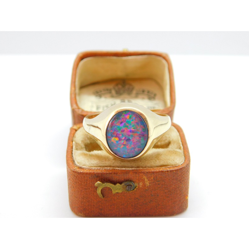 9ct Yellow Gold Cabochon Doublet Opal Signet Ring Antique c1930 Art Deco
