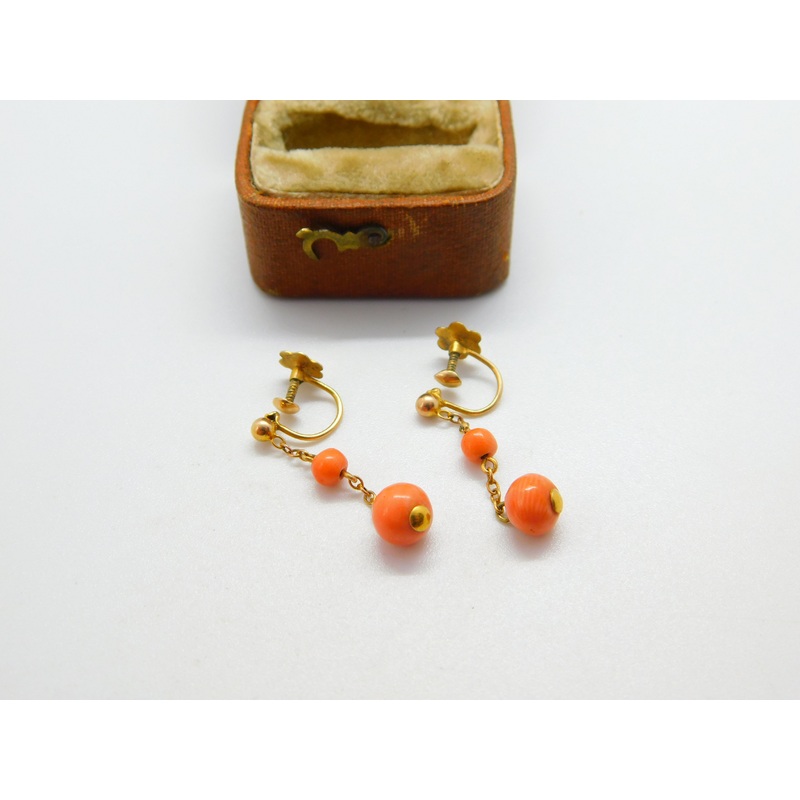 9ct Yellow Gold & Carved Ball Red Coral Drop Clip-On Earrings c1880 Antique